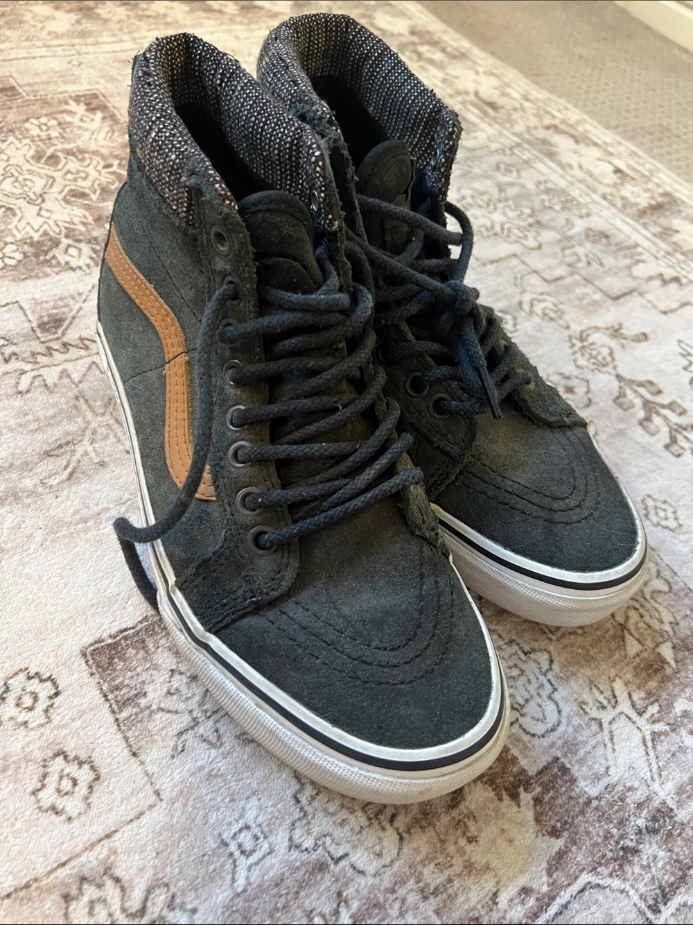 Vans High-Top Suede Skate Sneakers in Black with Tan Stripe